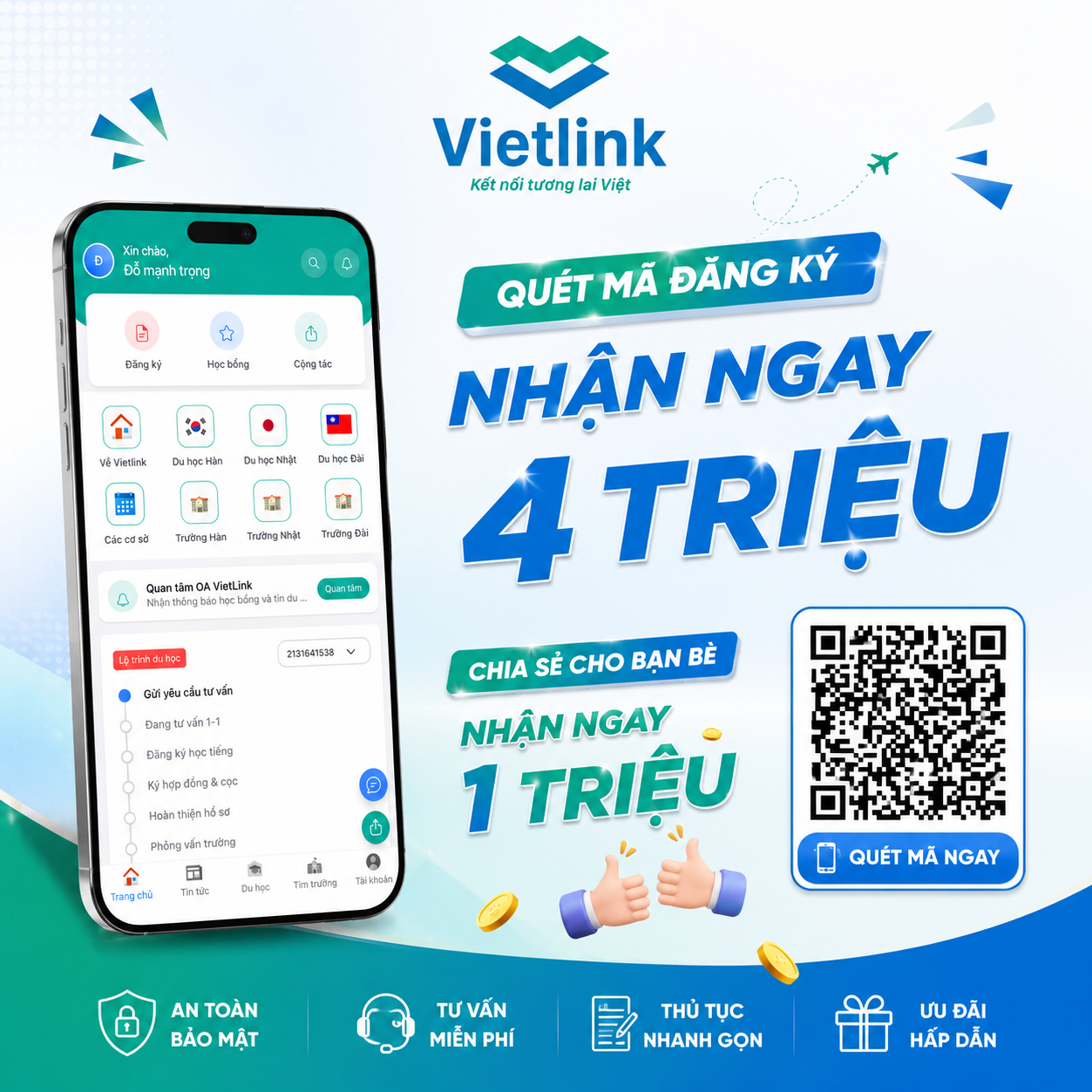 mini app du học Vietlink quét mã nhận quà